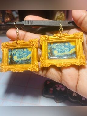 Van Gogh Starry Night Frame Drop Earrings | Bold Art-Inspired Statement Jewelry